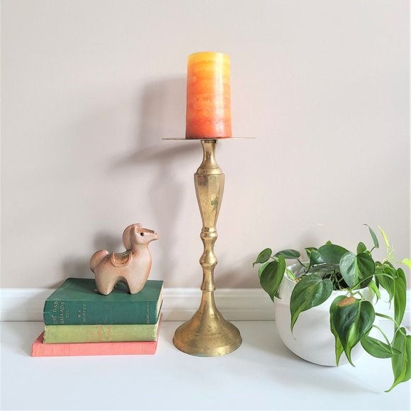 Hosley large 15'' tall vintage brass candleholder with saucer. - Picture 3 of 5